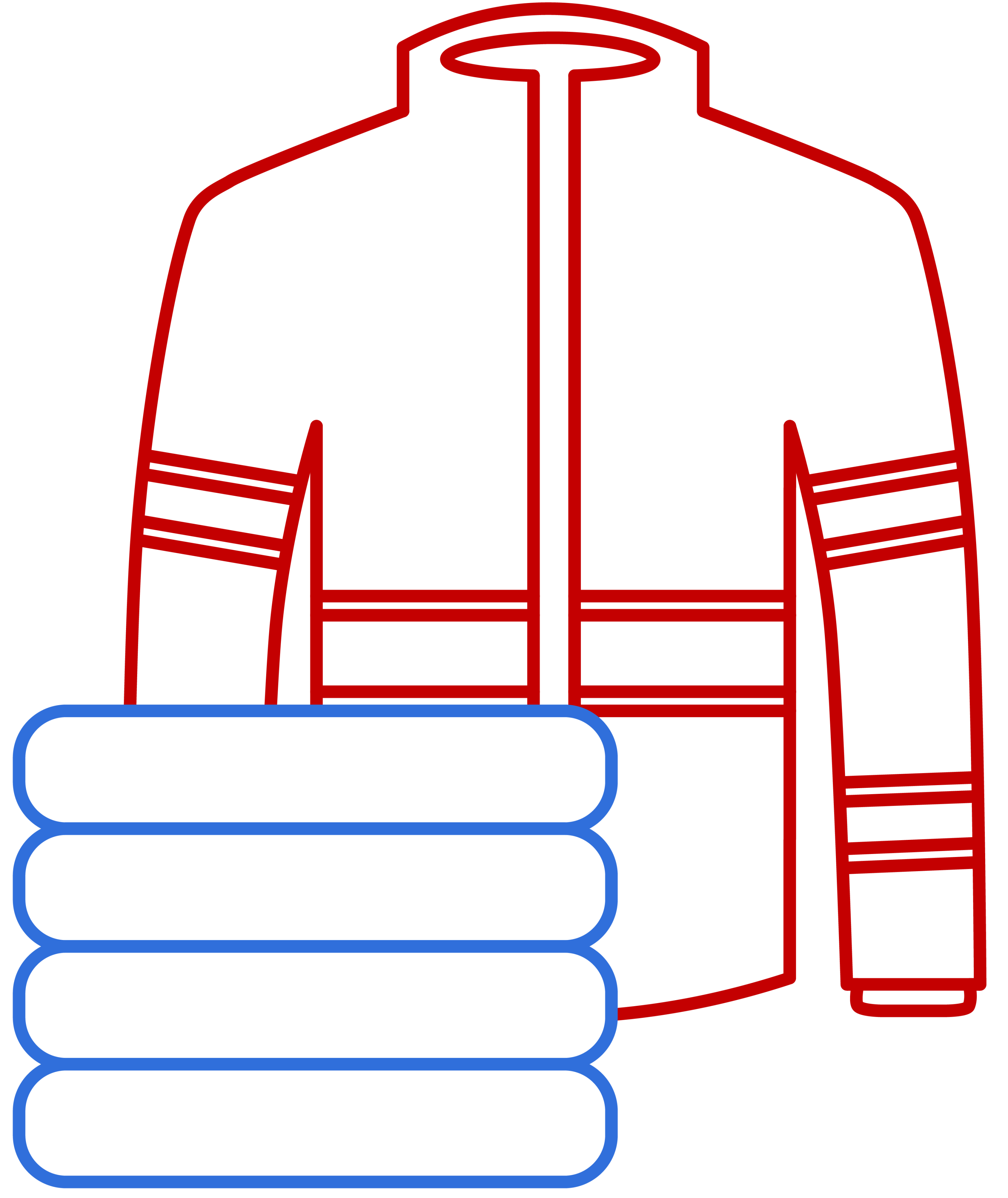 Grafik einer roten Feuerwehrjacke neben gestapelten blauen Handtüchern.