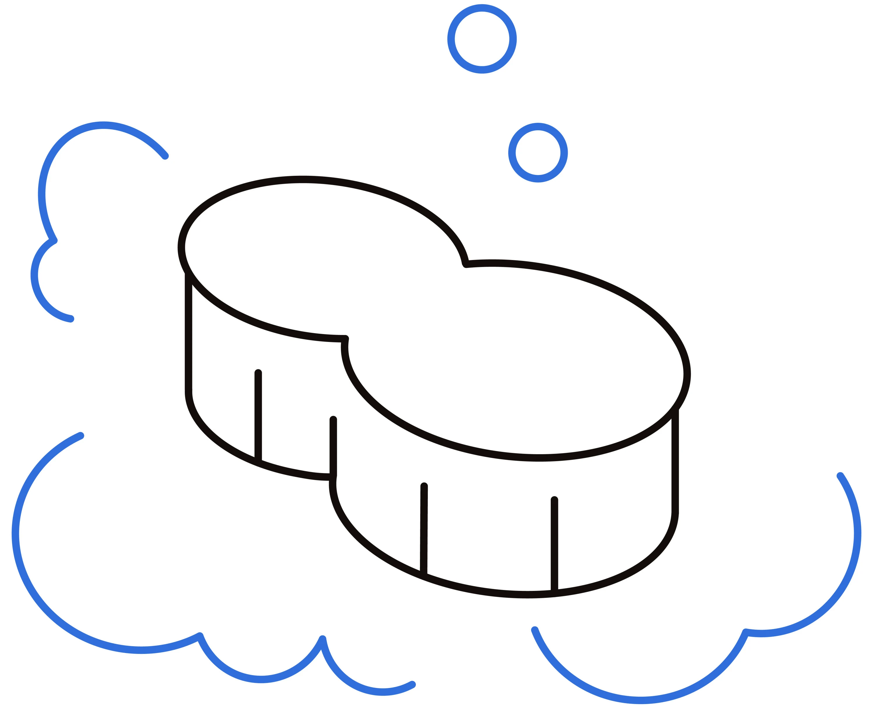 Zwei schwarze Seifenstücke mit blauen Schaumbläschen und Wassertropfen im minimalistischen Design.